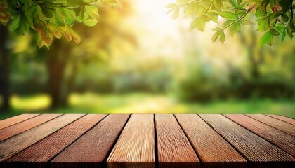 serene wooden table against soft blurred garden backdrop