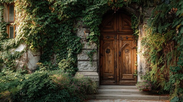 Old wooden door of a stone building covered in green ivy. Historic architectural detail ideal for travel or heritage concept. - Powered by Adobe