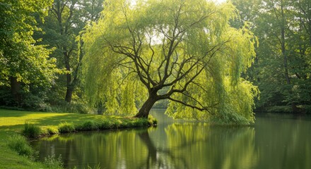 Fototapeta premium Idyllic weeping willow tree reflecting on a tranquil lake in a green landscape