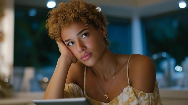 Holographic AR grocery list projected above smart kitchen counter while person checks items on tablet &mdash; concept of future household AI, smart home technology, and digital convenience in daily