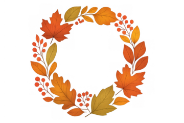 Autumn wreath with watercolor fall leaves and berries, providing a botanical seasonal decoration element