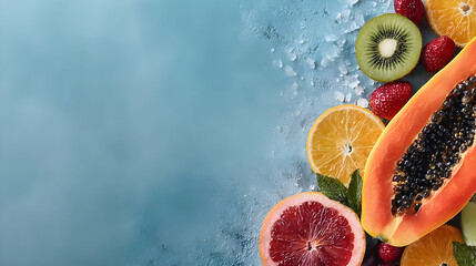 Colorful fresh fruits arrangement on a blue background healthy food.