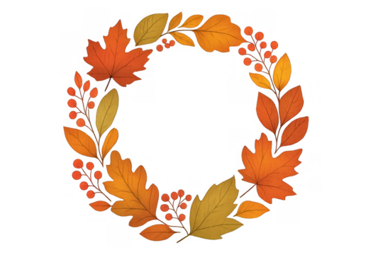 Autumn wreath with watercolor fall leaves and berries, providing a botanical seasonal decoration element - Powered by Adobe