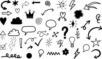 Hand drawn doodle icon set with arrows stars weather symbols and decorative elements in black sketch style © MdShuvo