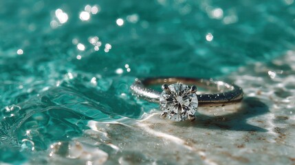 Sparkling Ring in Turquoise Waters: A dazzling diamond ring rests elegantly amidst the crystal-clear, sun-kissed turquoise waters, symbolizing the beauty and serenity of true love.