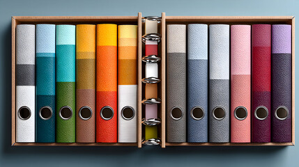 Colorful binders arranged neatly in a wooden storage box for organization.