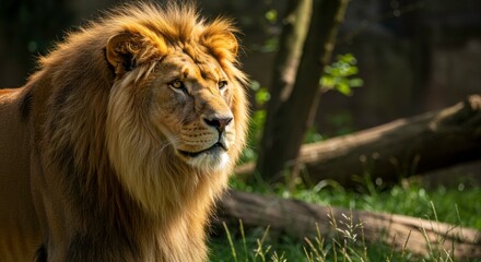 Majestic lion with golden mane gazes intently against a forest backdrop
