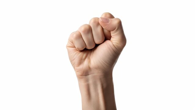 A powerful close-up of a human hand clenched into a tight fist, raised in a symbolic gesture of strength and determination. Isolated against a clean white background, this shot emphasizes concepts of 