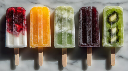 Colorful frozen fruit popsicles on wooden sticks refreshing summer treats.