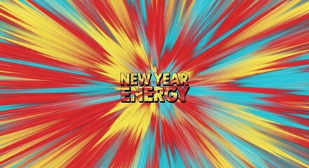 Explosion of vibrant colors with text new year energy in the center, creating a dynamic and energetic abstract background