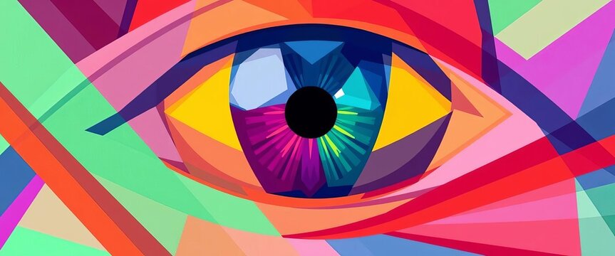 Abstract geometric eye pattern with sharp lines and vibrant colors, illusion, texture