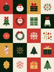 Fototapeta premium Colorful and Festive Christmas Pattern with Decorations, Trees, Gifts, and Snowman for Holiday Celebrations and Cards
