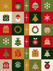 Colorful Christmas Pattern with Ornaments, Gifts, and Festive Symbols on a Red and Green Background for Holiday Decor