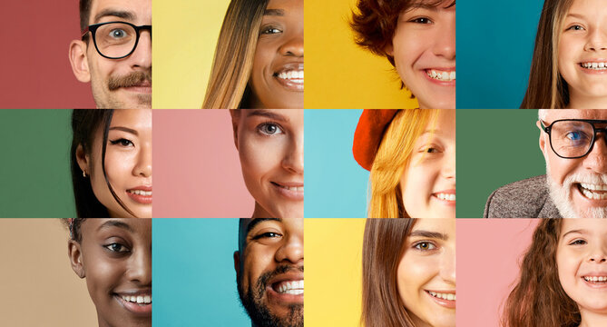 Diverse smiling faces in colorful grid collage. Concept of inclusion, HR stories, community identity, education visuals and marketing communication across teams.