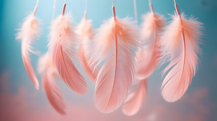 Dreamy Pink Feathers Floating Against a Soft Blue Background, Symbolizing Peace, Tranquility, and Gentle Dreams, Perfect for Spiritual and