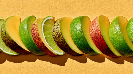 Colorful fruit slices arranged in a row vibrant and fresh.