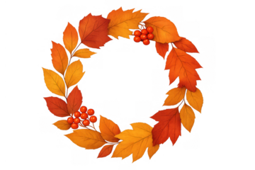 Autumn wreath with vibrant red and orange leaves, rowan berries, creating a circular frame, transparent background