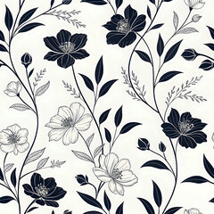 seamless floral pattern, Minimal Black-and-White Floral Silhouette Pattern for Fabric Prints