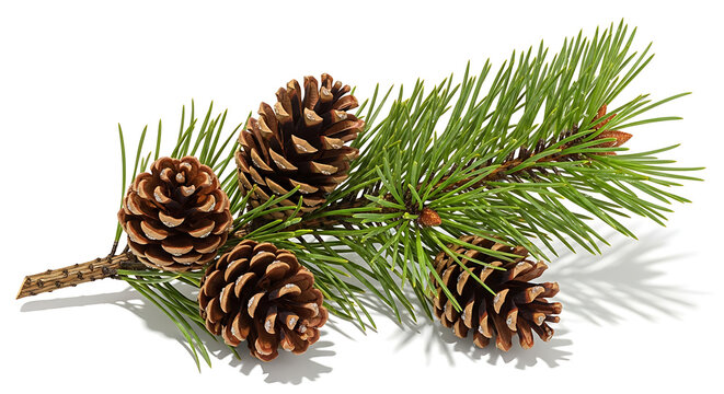 A close up of a pine branch with green needles and four brown pine cones isolated on a white background