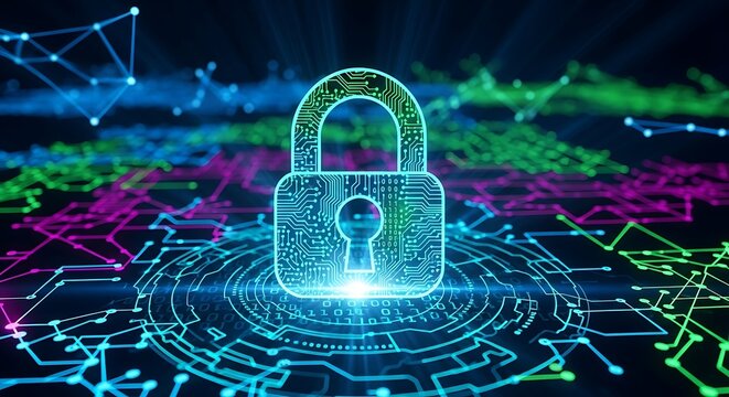 Advanced cybersecurity concept with a glowing digital padlock symbolizing automated network protection and efficient data encryption