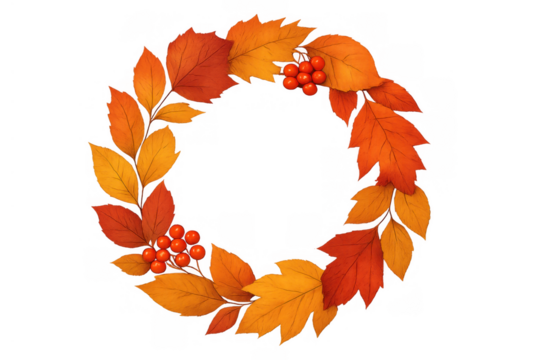 Autumn wreath with vibrant red and orange leaves, rowan berries, creating a circular frame, transparent background