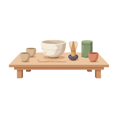 Modern Minimalist Tea Ceremony Setup – Japanese-Inspired Flat Vector Illustration