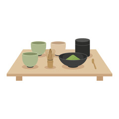 Modern Minimalist Tea Ceremony Setup – Japanese-Inspired Flat Vector Illustration