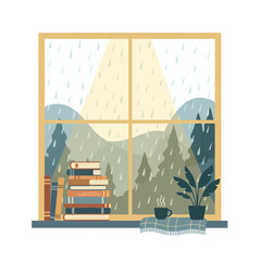 Cozy Rainy-Day Window View with Books and Plant – Minimal Flat Vector Illustration