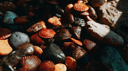 Colorful seashells and stones a natural collection closeup view.