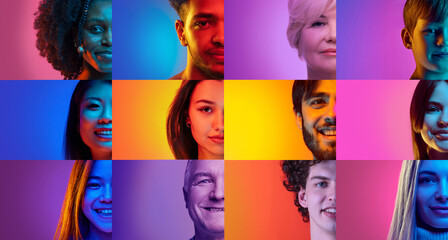 Colorful neon portraits highlighting diverse expressions. Concept of digital culture, creative branding, social media identity and communication for modern campaigns.