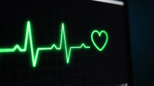 A close-up view of a medical monitor displaying a vibrant green ECG heartbeat waveform (PQRST complex) against a dark background, complete with a glowing heart icon symbolizing a healthy, strong vita