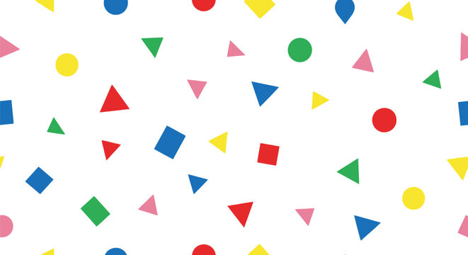 Colorful geometric shapes scattered on a white background in a fun pattern