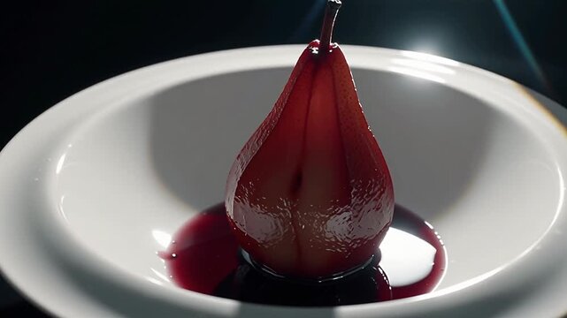 Delicious gourmet poached pear in red wine sauce dessert served in a fine dining restaurant
