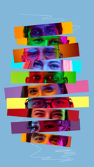 Striped collage of expressive eyes in vivid colors. Concept of brand identity, diversity awareness,...