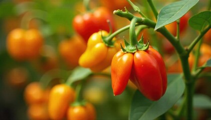 Pumpkin Pepper Patch Harvest A close up, overhead shot of vibrant orange and red pumpkin peppers growing on a vine in a garden. Sunlight streams down, highlighting the textures and colors. No people,
