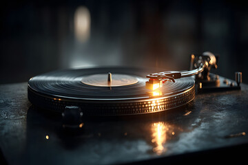 Vintage Vinyl Record Player with Stylus Needle Playing Music in Ambient Lighting