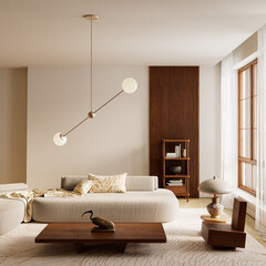 Warm minimal interior with soft neutral palettes, sculptural lighting and natural wooden accents arranged to create a calm, refined and visually balanced modern living atmosphere. 3D illustration
