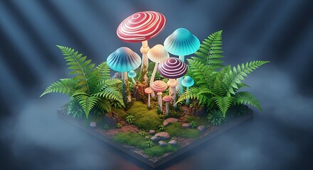 Enchanting glowing mushrooms and lush green ferns create a magical forest floor scene with ethereal light rays