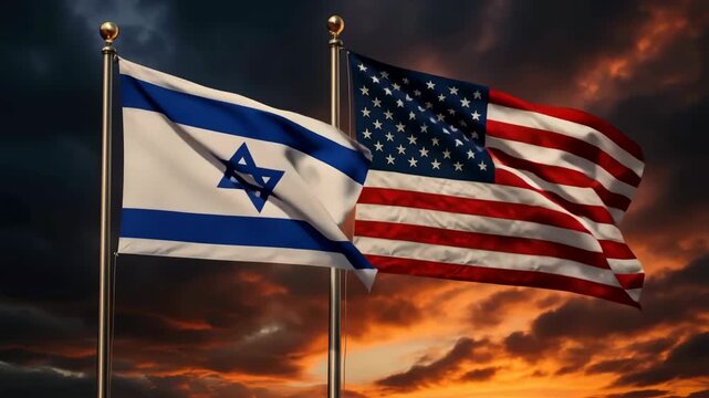 Israeli and American flags waving at dramatic sunset