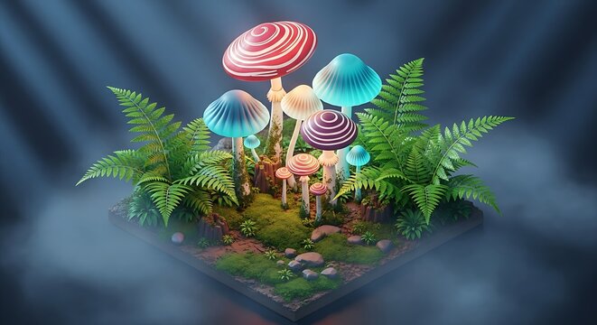 Enchanting glowing mushrooms and lush green ferns create a magical forest floor scene with ethereal light rays