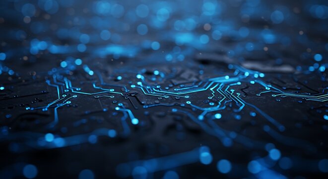 Abstract glowing blue circuit board with intricate pathways and luminous nodes, representing technology and data flow - Powered by Adobe