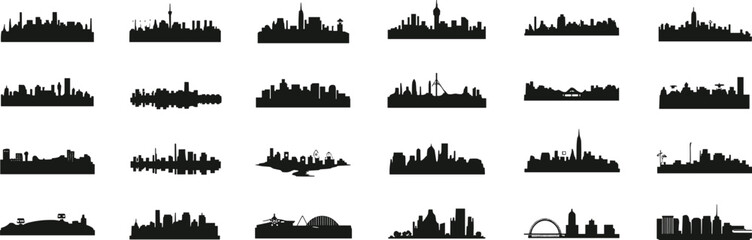 Naklejka premium City skyline silhouette vector illustration showing modern urban architecture, cityscape design, and metropolitan buildings for travel, tourism, and business concepts.