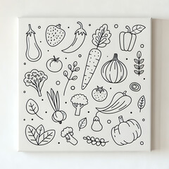 Minimalist Line-Art Vegetable Pattern with Thin Black Outlines on White Canvas