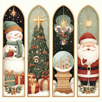 Festive Winter Wonderland Scene Featuring Snowman, Christmas Tree, Candy Cane, Santa Claus, and Snow Globe Decoration