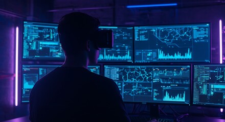 Person wearing vr headset in front of multiple monitors displaying data graphs and charts in a dark, futuristic room