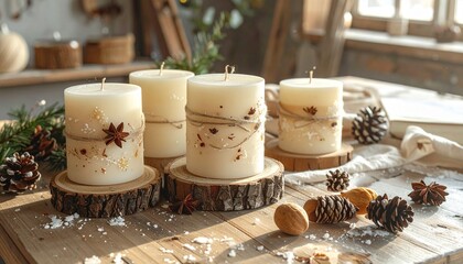 Artisanal handmade candles in a cozy winter workshop 