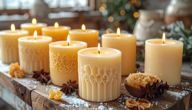 Artisanal handmade candles in a cozy winter workshop 