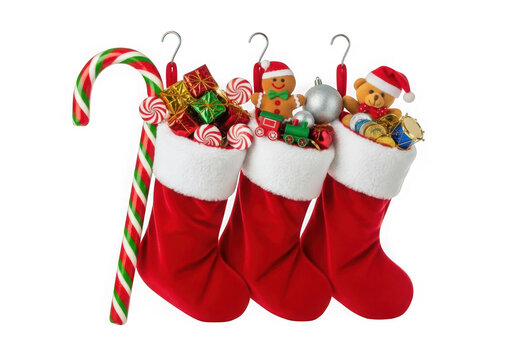 Christmas stockings filled with gifts and candy canes isolated on transparent background