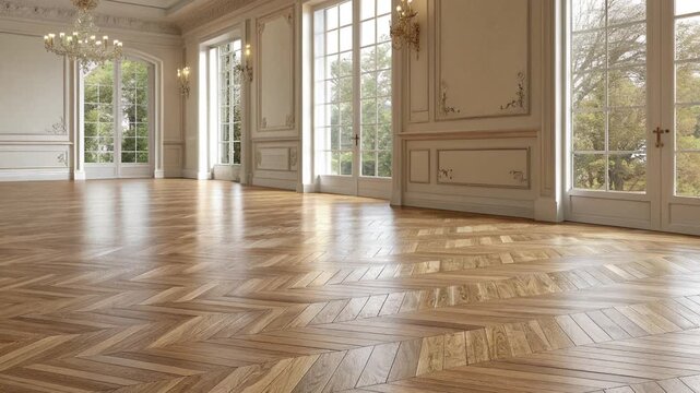A grand room with herringbone wood floors, chandelier, and large windows with natural light created with generated ai