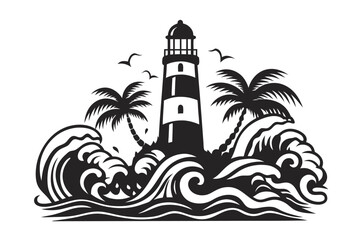 Black and white shows lighthouse between palm trees amid crashing ocean waves